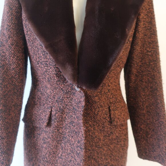 Yves Saint Laurent Black Brown Tweed Boucle Wool Blend Faux Fur Jacket Coat 6 - Picture 5 of 16